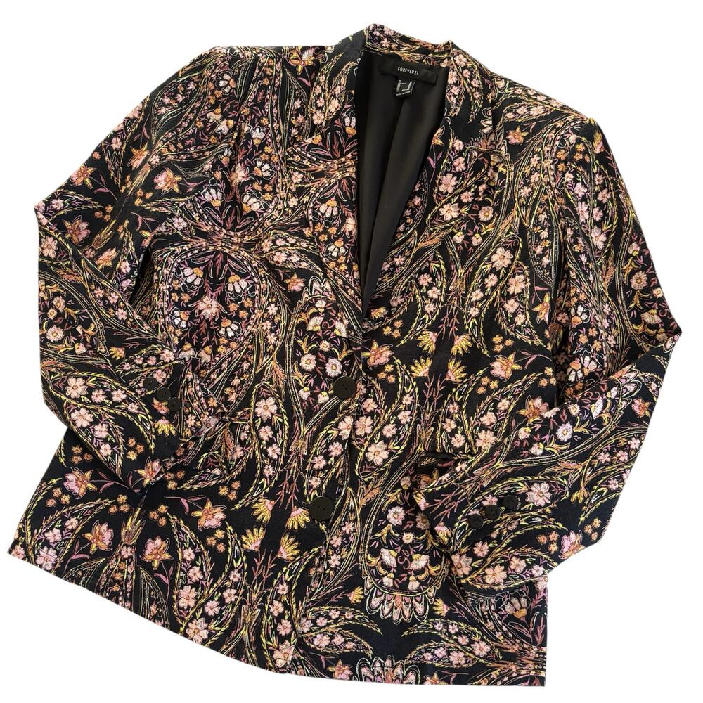 Forever 21 Floral Blazer Suit Jacket Black Multicolor Linen Spring Womens Medium